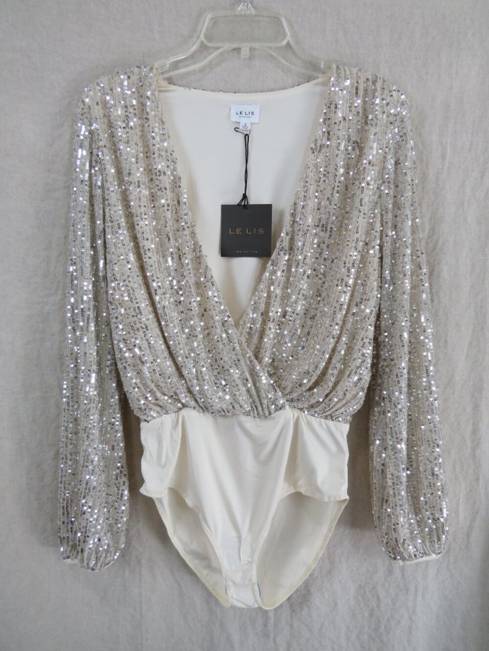 NEW Le Lis Shimmering Sequined Bodysuit SIZE Small Champagne Beige